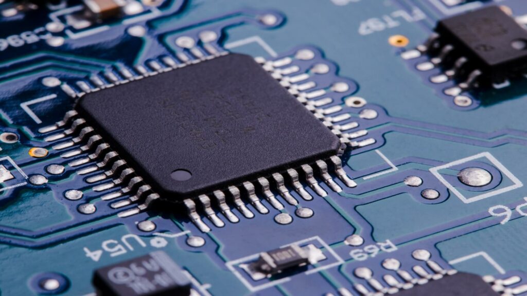 Image of a semiconductor chip on a computer motherboard