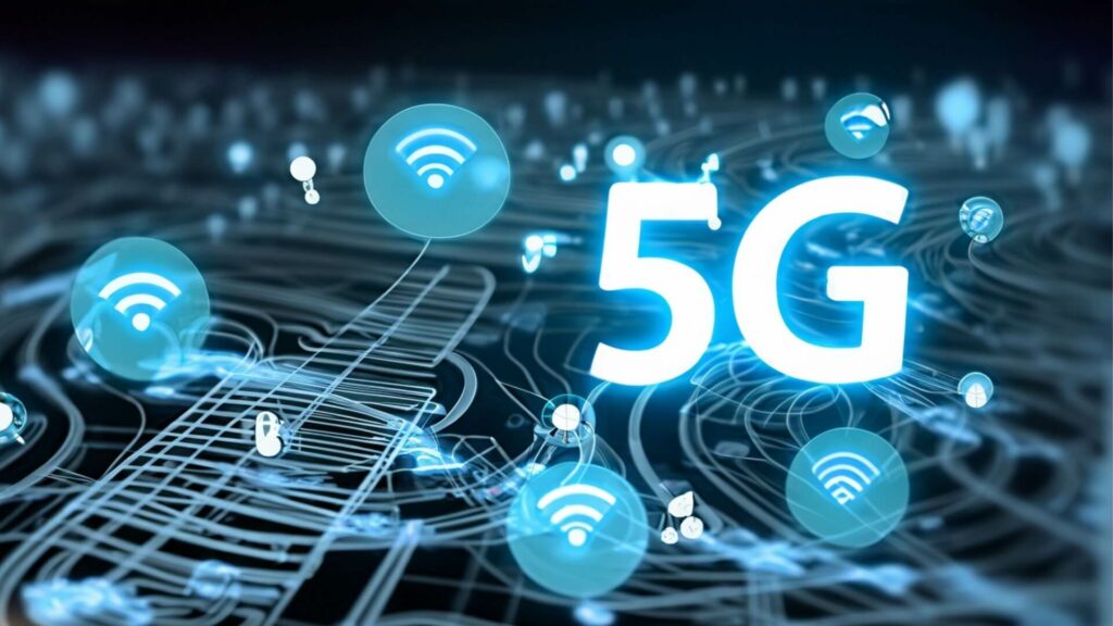 A blue and black tech network with blue wifi signals and 5G in white letters