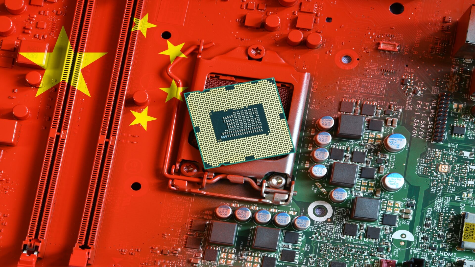 Semiconductor and circuit board electronics on a red board with Chinese logochina