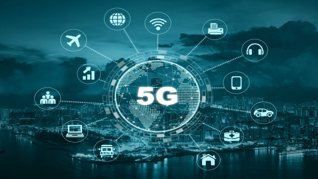 A 5G network abstract showing a 5G circle with connected technology