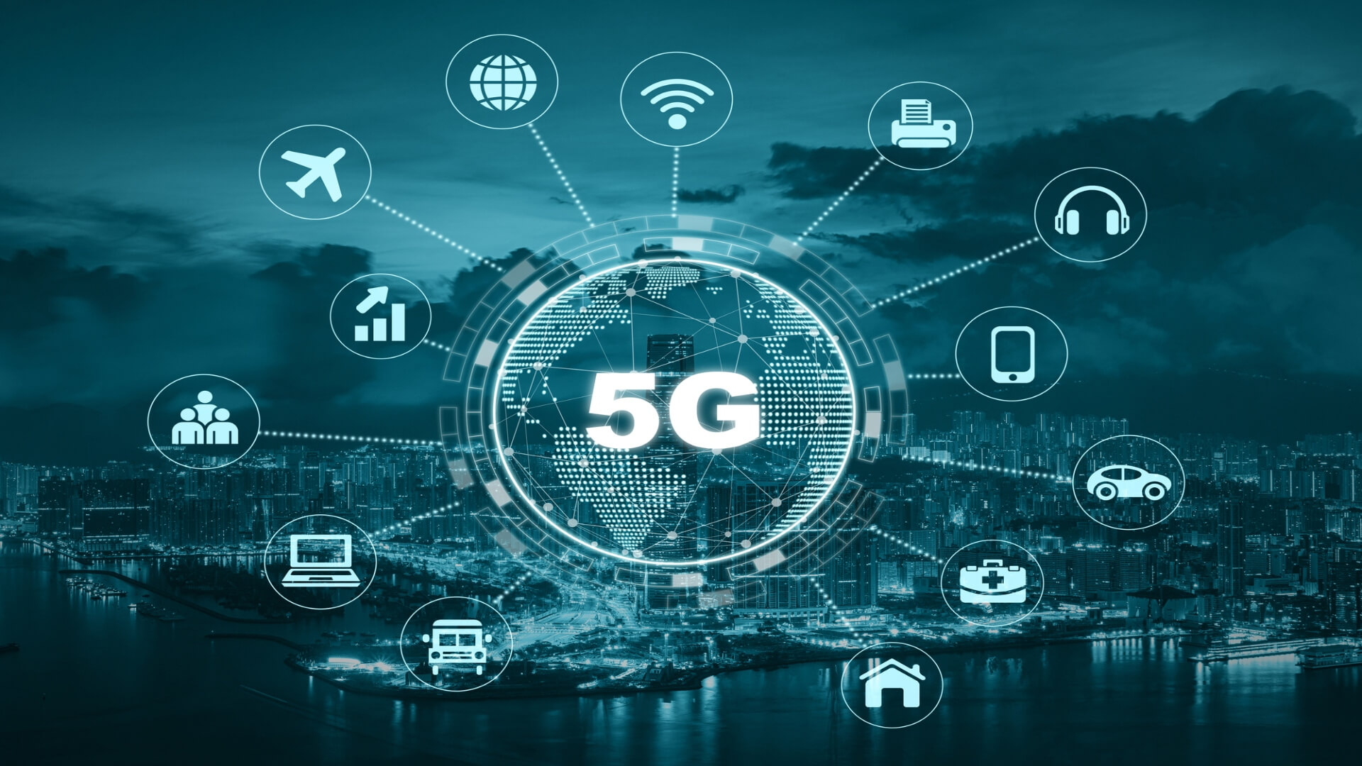 A 5G network abstract showing a 5G circle with connected technology