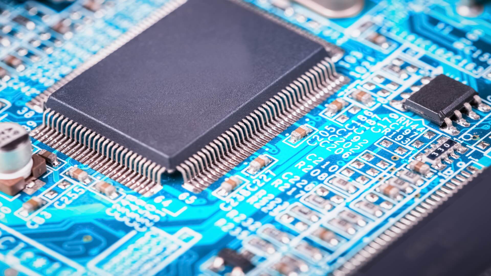 Semiconductor on a blue circuit board