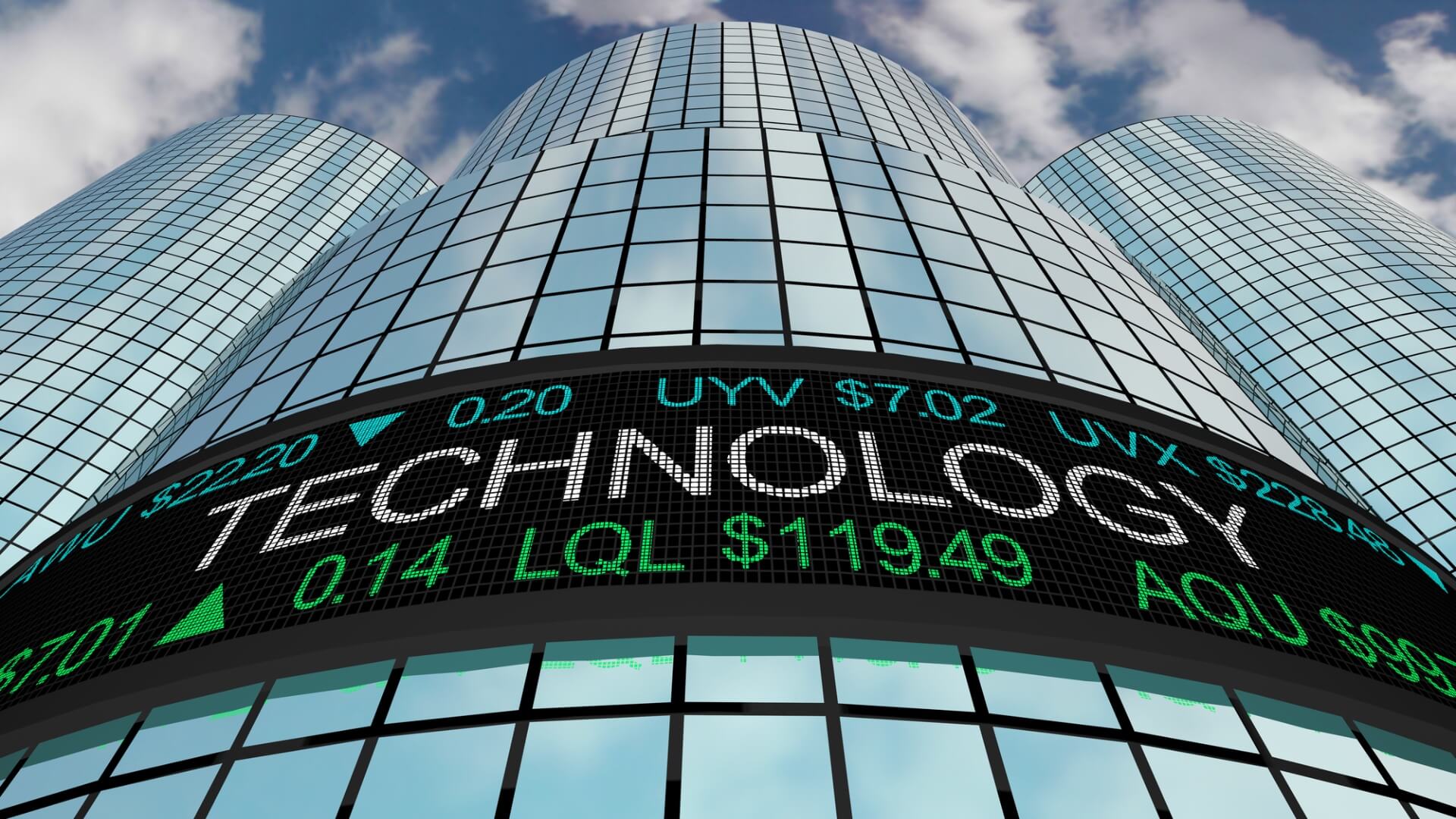 A Technology stock ticker in front of a tall Wall Street building