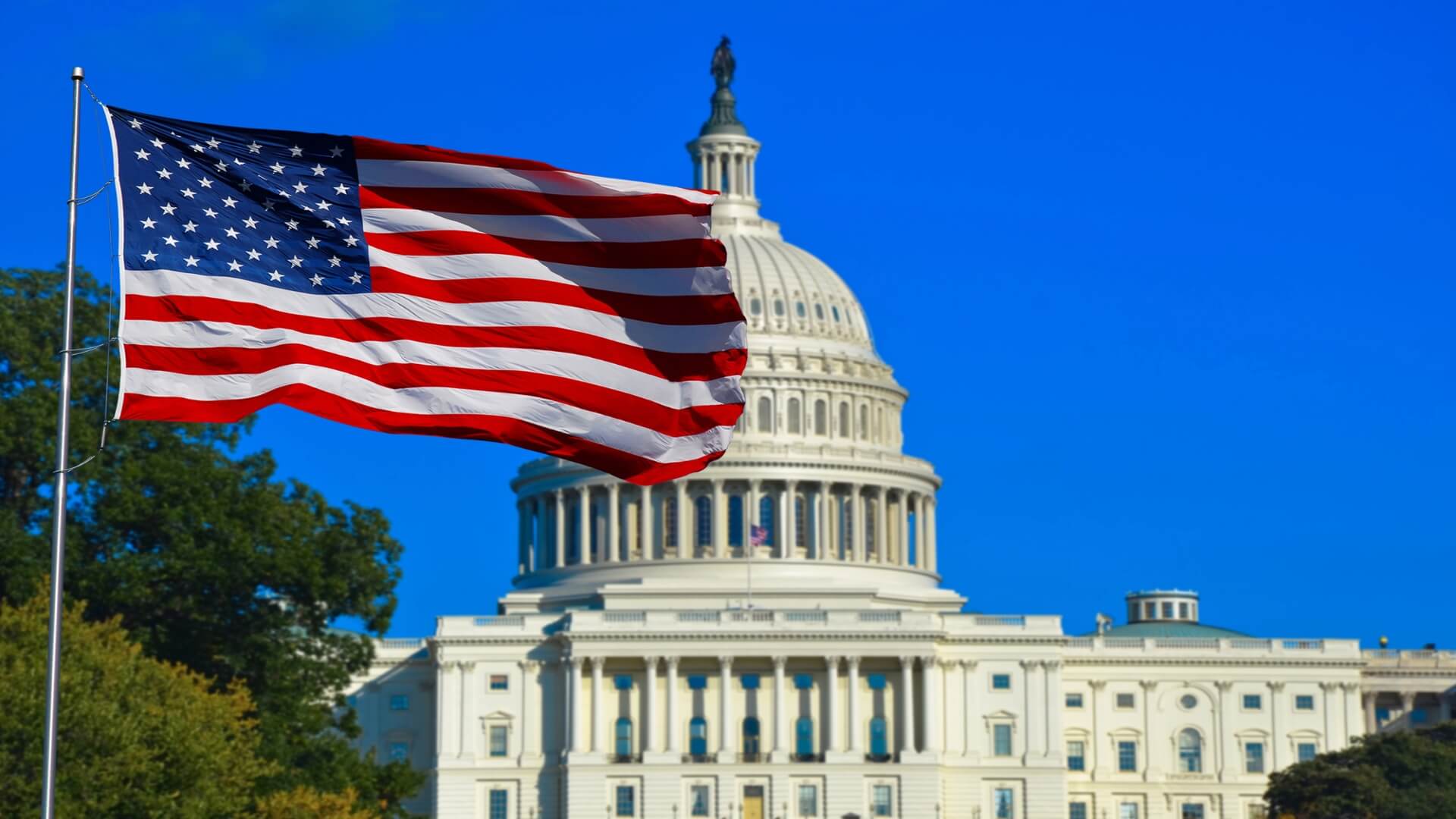 Waving USA flag in front of Capitol building