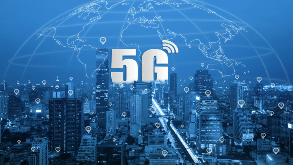 5G communications network with smart city in background