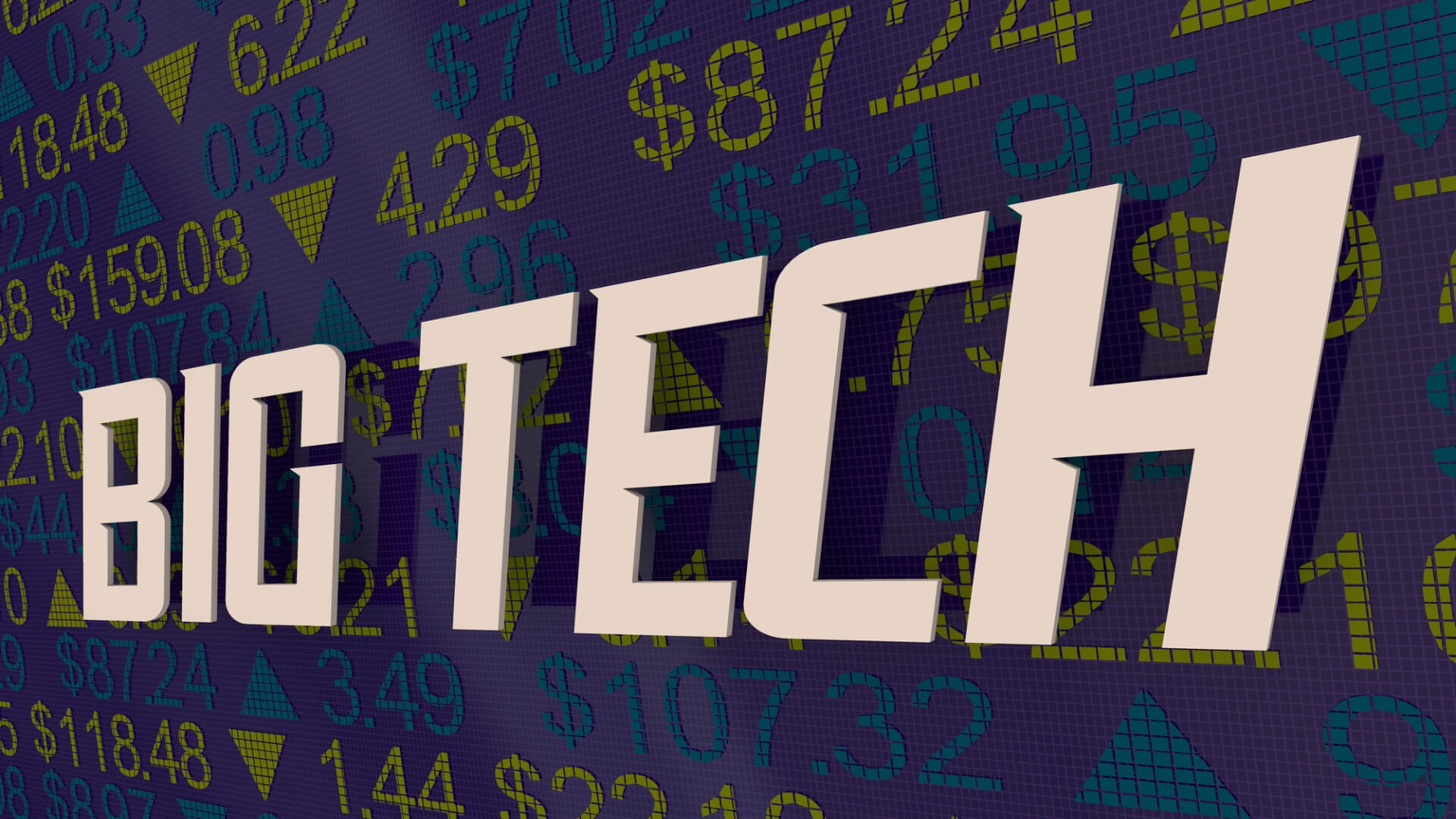 The word BIG TECH in front of a dark blue stock board